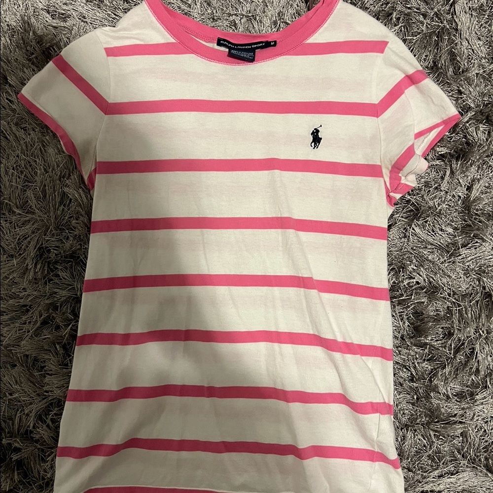 pink and white polo shirt